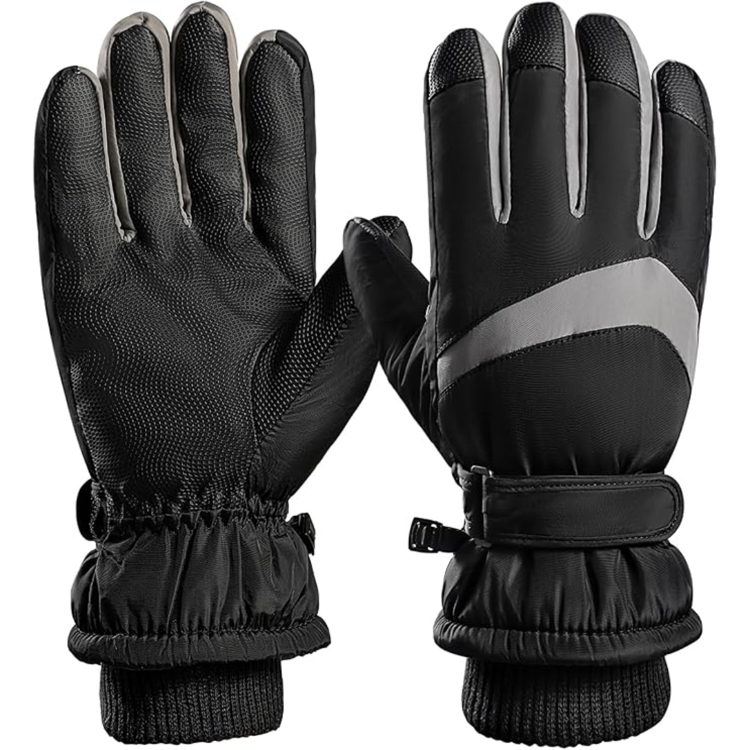 Schwarze Winterhandschuhe, wasserdicht, isoliert, mit grauen Akzenten, für Outdoor-Aktivitäten.