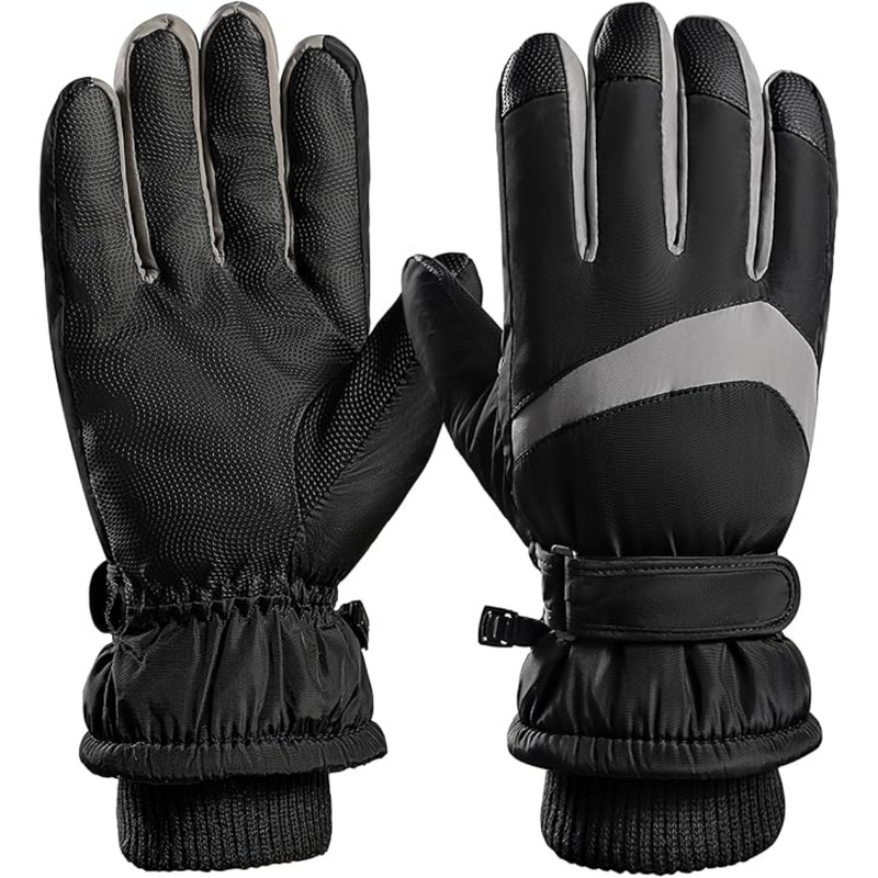Schwarze Winterhandschuhe, wasserdicht, isoliert, mit grauen Akzenten, für Outdoor-Aktivitäten.