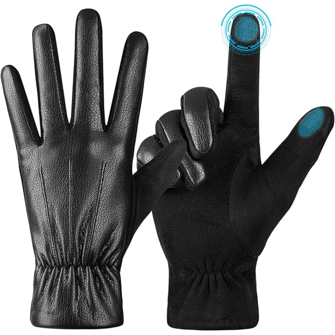Schwarze Touchscreen-Handschuhe aus Leder, winterfest, rutschfest, für Herren und Damen.