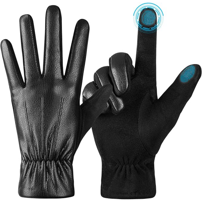 Schwarze Touchscreen-Handschuhe aus Leder, winterfest, rutschfest, für Herren und Damen.