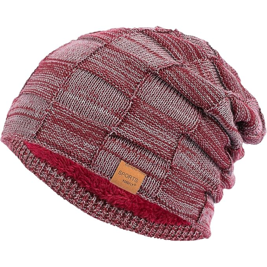 Rote Strickmütze, kariertes Muster, Unisex-Wintermode, warme Beanie aus Wolle.