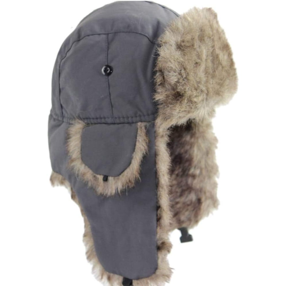 Graue Wintermütze mit Kunstfell, Trapper-Stil, warm, winddicht, Unisex, Outdoor-Bekleidung.