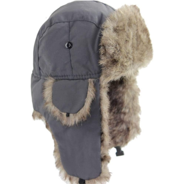 Graue Wintermütze mit Kunstfell, Trapper-Stil, warm, winddicht, Unisex, Outdoor-Bekleidung.