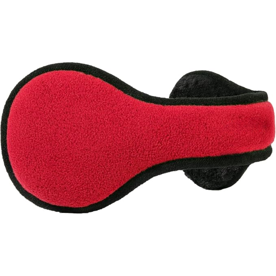 Rote Fleece-Ohrenschützer, warm, wintertauglich, schwarz umrandet, Unisex-Design.
