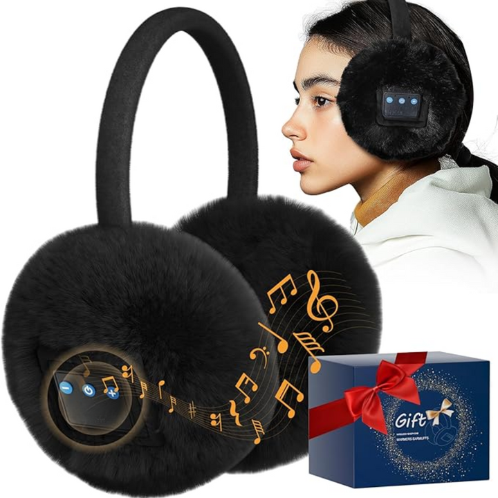 Schwarze Bluetooth-Ohrenschützer mit Musik-Noten, Geschenkbox, kabellose Kopfhörer, Wintermode.