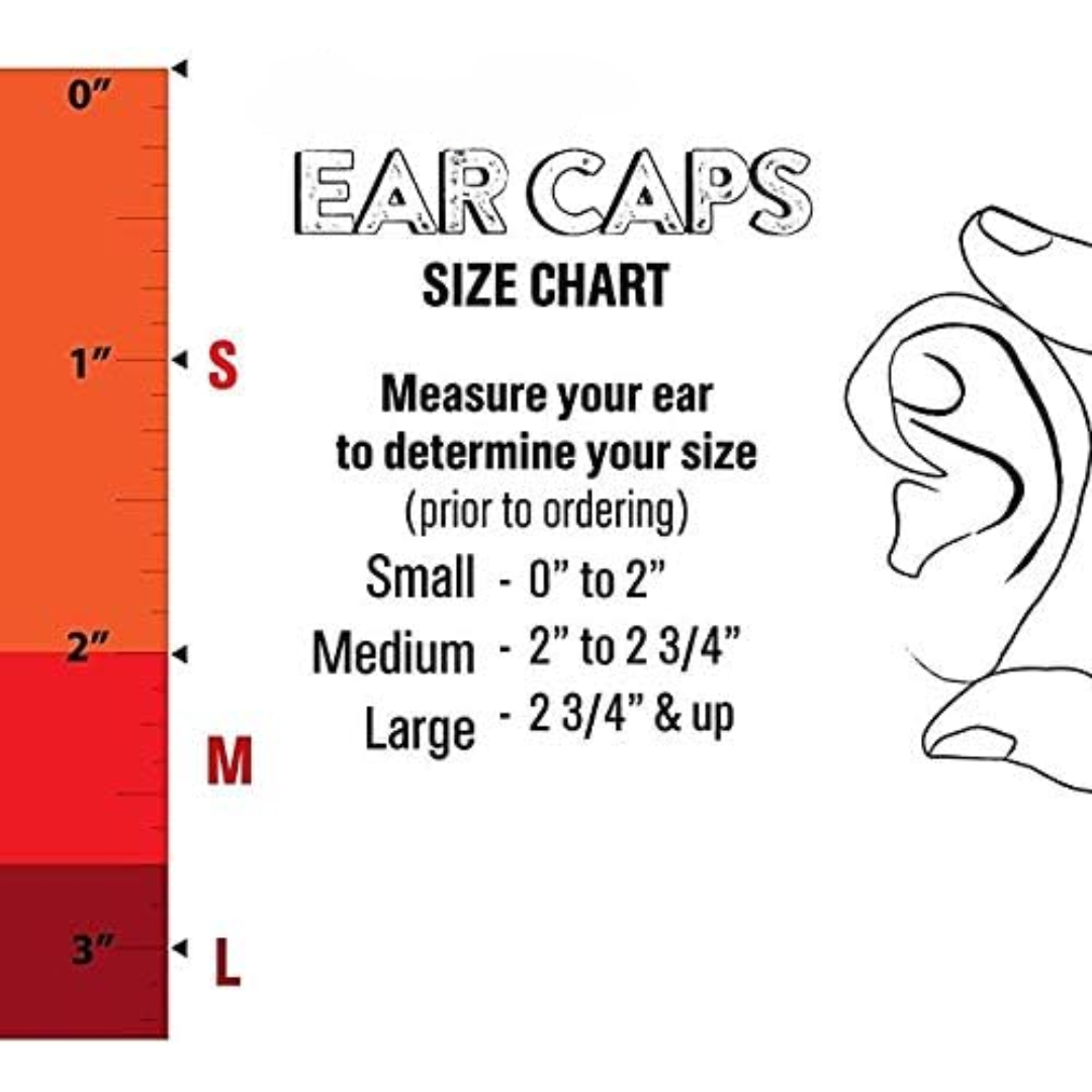 Größentabelle für Ohrkappen, Messanleitung, kleine bis große Größen, Illustration.