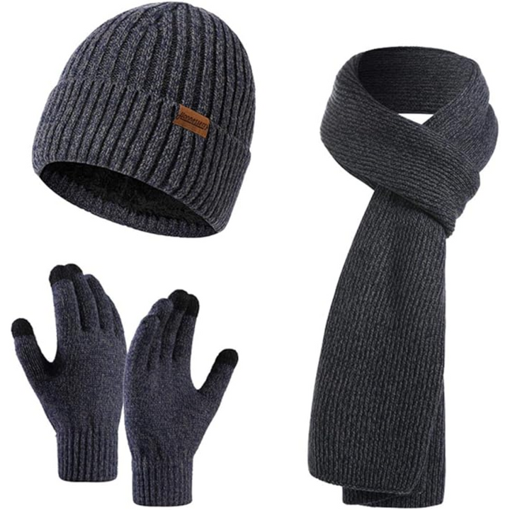 Dunkelgraues Winterset: Mütze, Schal, Handschuhe aus Strick für Herren und Damen.