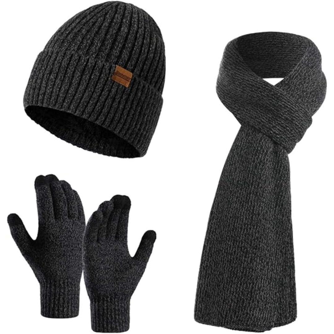 Dunkelgraues Strickset: Mütze, Schal, Handschuhe aus Wolle für Wintermode.