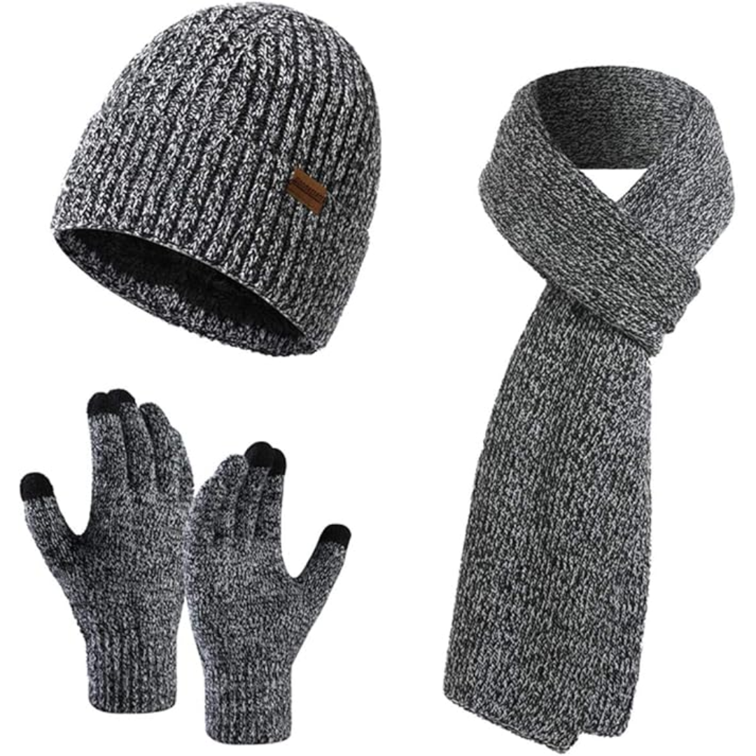 Graues Strick-Set: Mütze, Schal, Handschuhe, Winteraccessoires, warm, unisex.