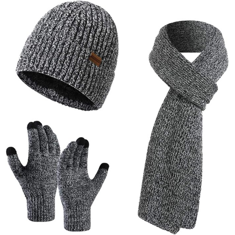 Graues Strick-Set: Mütze, Schal, Handschuhe, Winteraccessoires, warm, unisex.