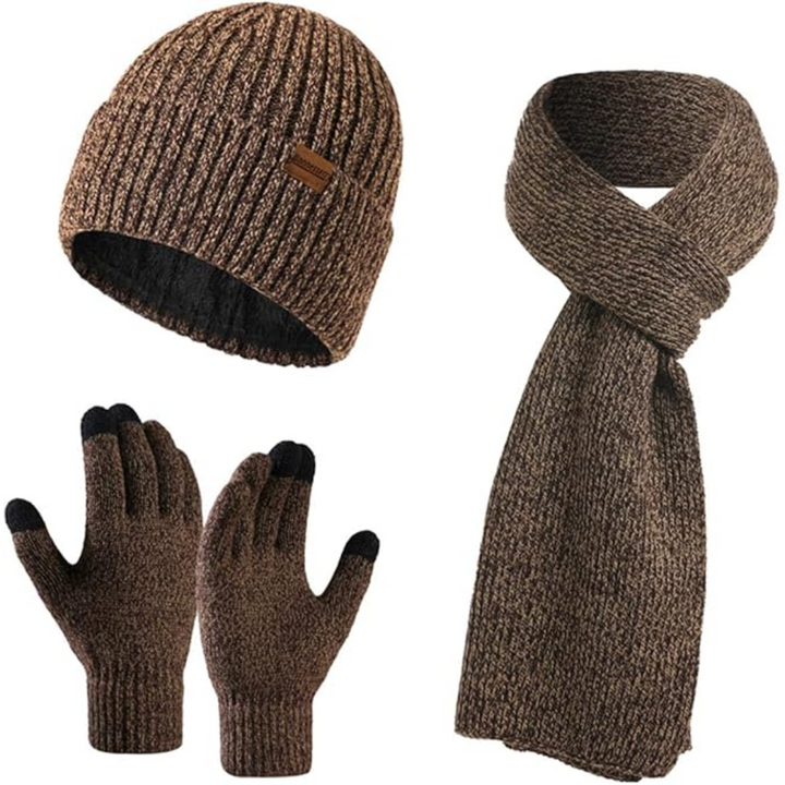 Braunes Strick-Set: Mütze, Schal, Handschuhe aus Wolle für Wintermode und Kälteschutz.