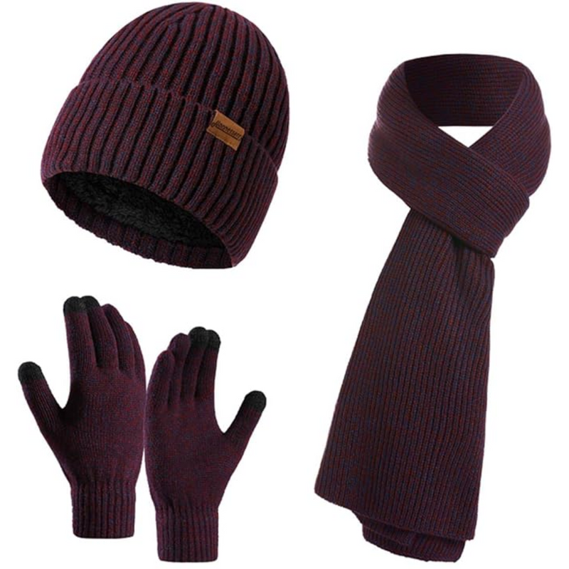 Dunkelrote Wintermütze, Schal und Handschuhe Set aus Strick für Damen und Herren.