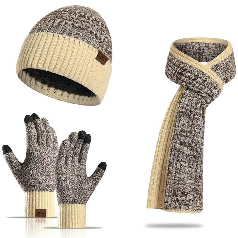 Strickmütze, Schal und Handschuhe Set, beige-braun, Winteraccessoires, warm, unisex.