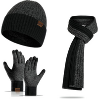Schwarzes Winter-Set: Mütze, Schal, Handschuhe aus Strick für Herren, warm und stilvoll.