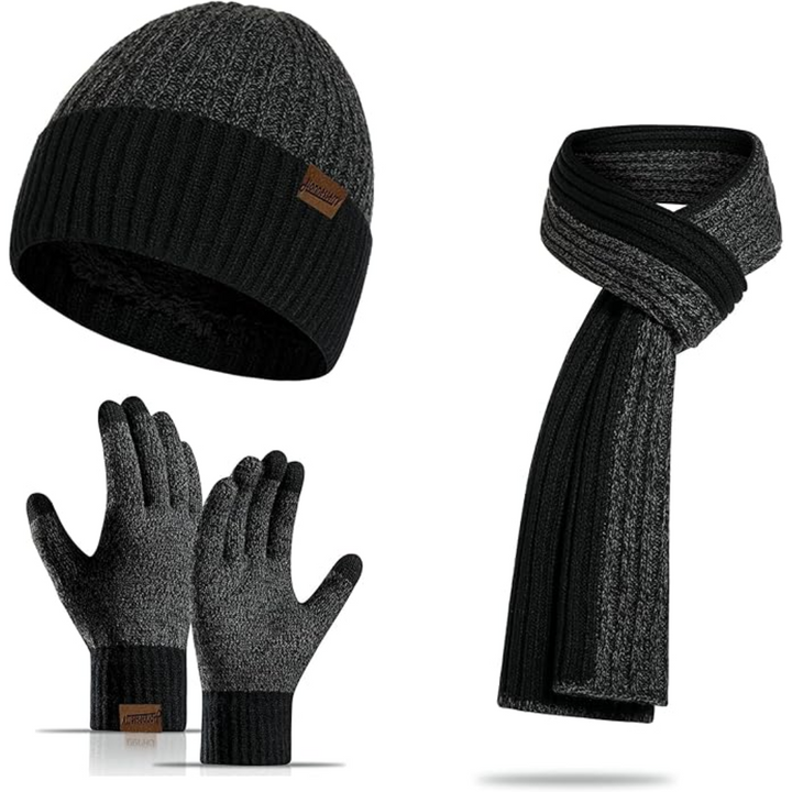 Schwarzes Winter-Set: Mütze, Schal, Handschuhe aus Strick für Herren, warm und stilvoll.