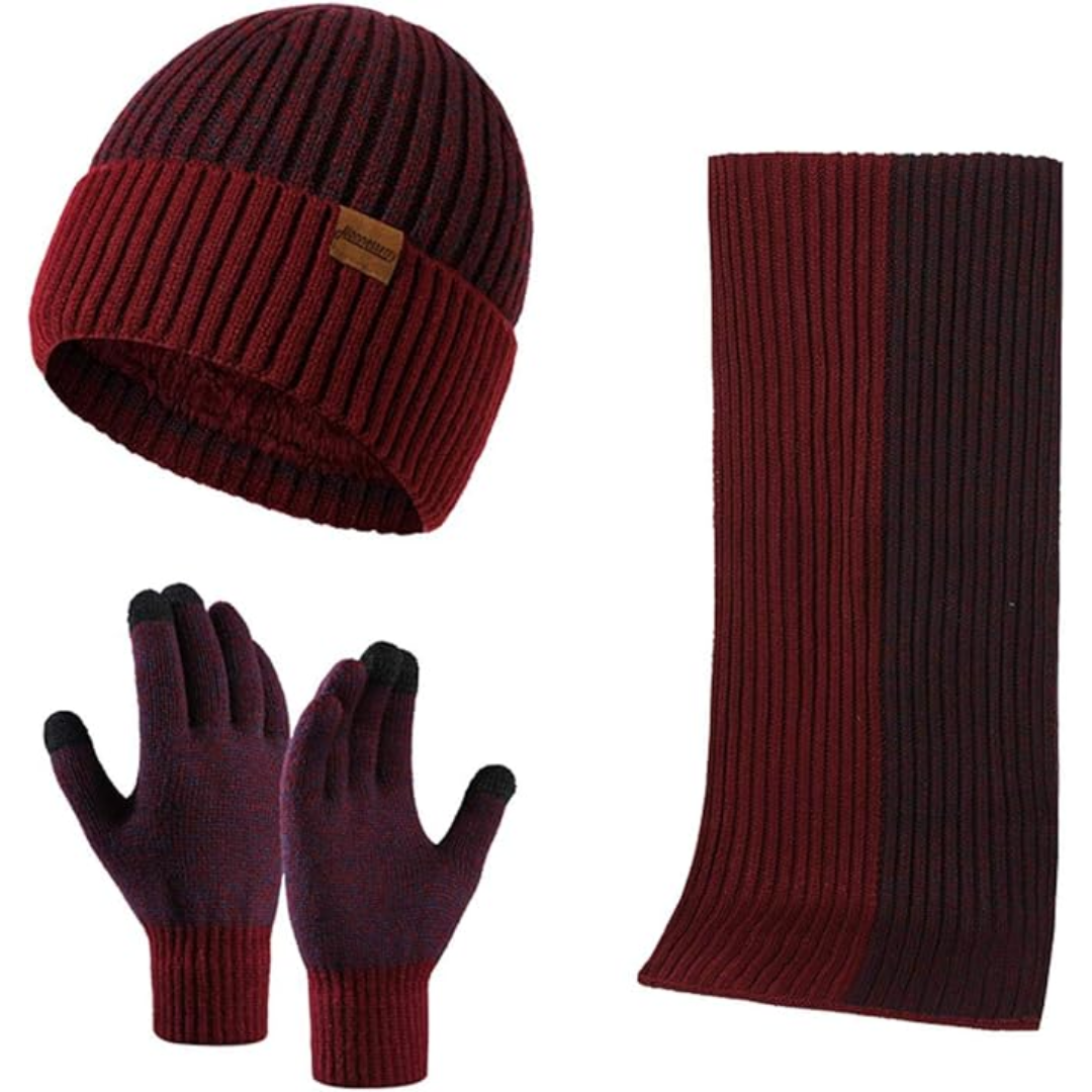Dunkelrote Strickmütze, Schal und Handschuhe Set, Winteraccessoires, warm und stilvoll.
