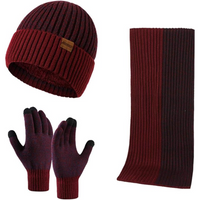 Dunkelrote Strickmütze, Schal und Handschuhe Set, Winteraccessoires, warm und stilvoll.