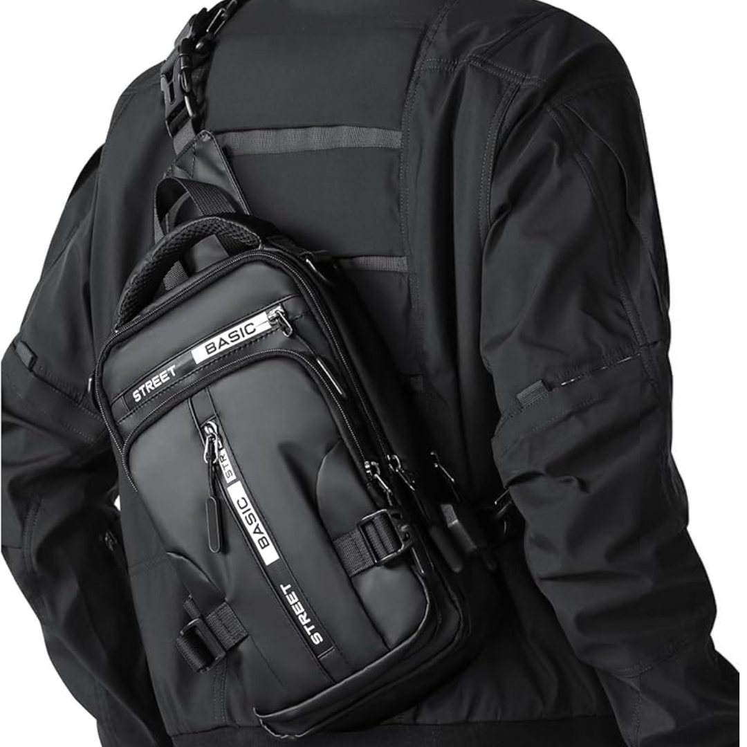 Schwarze Umhängetasche aus Nylon, modisch, mit Reißverschlüssen, ideal für Herren, Streetwear.