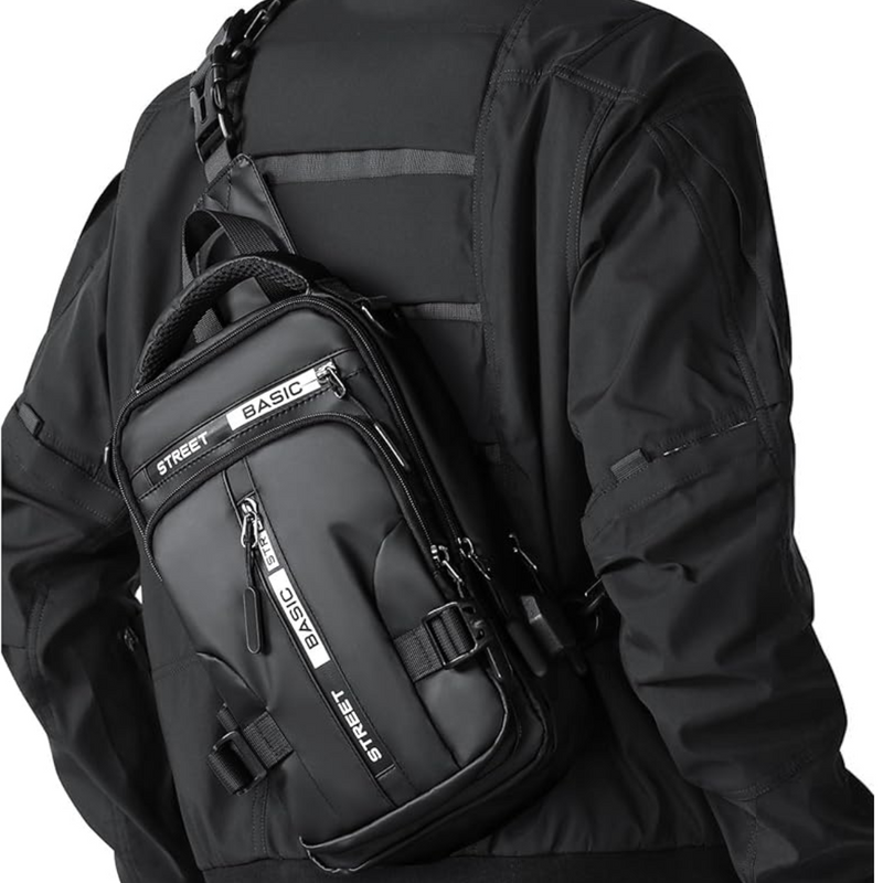Schwarze Umhängetasche aus Nylon, modisch, mit Reißverschlüssen, ideal für Herren, Streetwear.