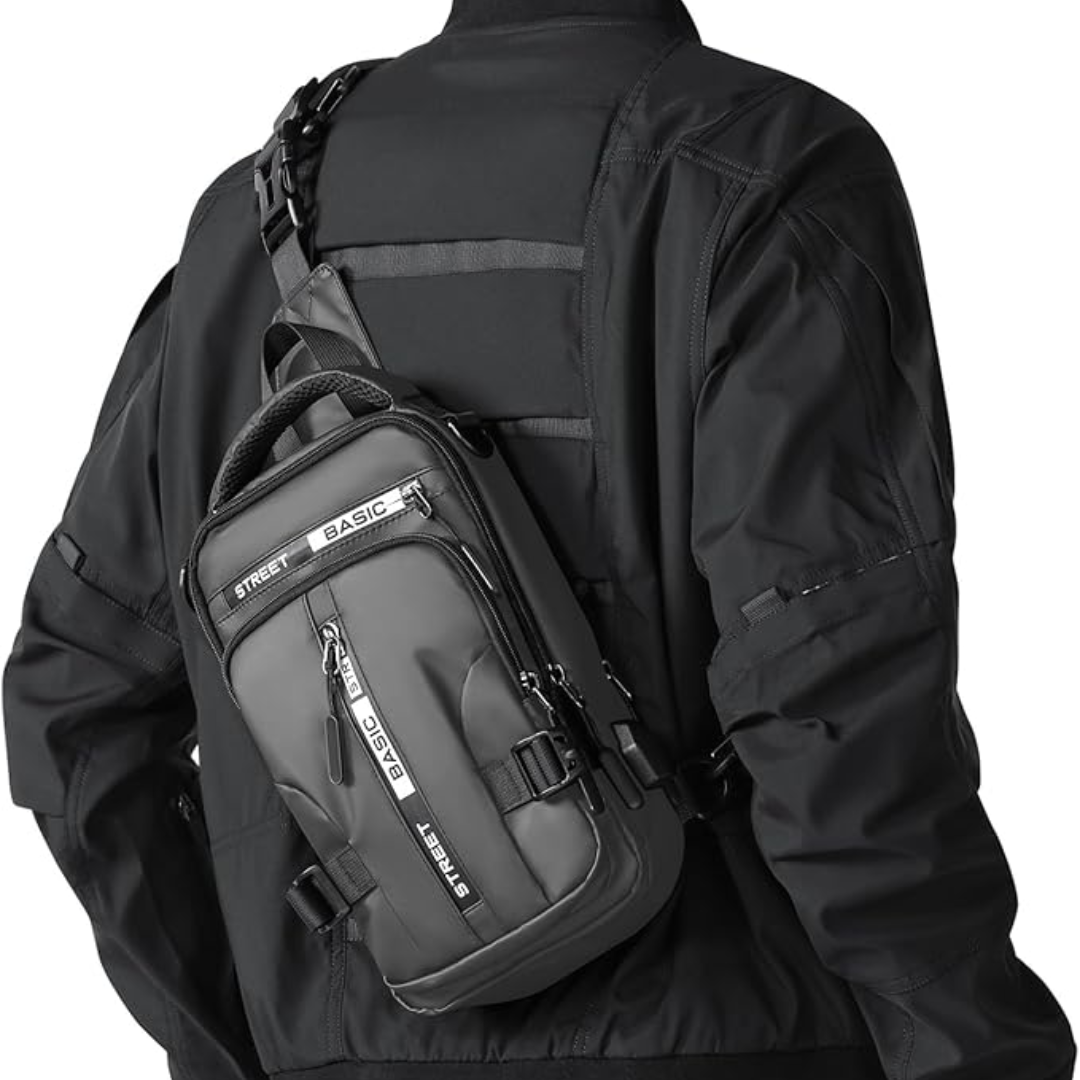 Schwarze Umhängetasche, wasserdicht, mit Reißverschlüssen, ideal für Outdoor-Aktivitäten.