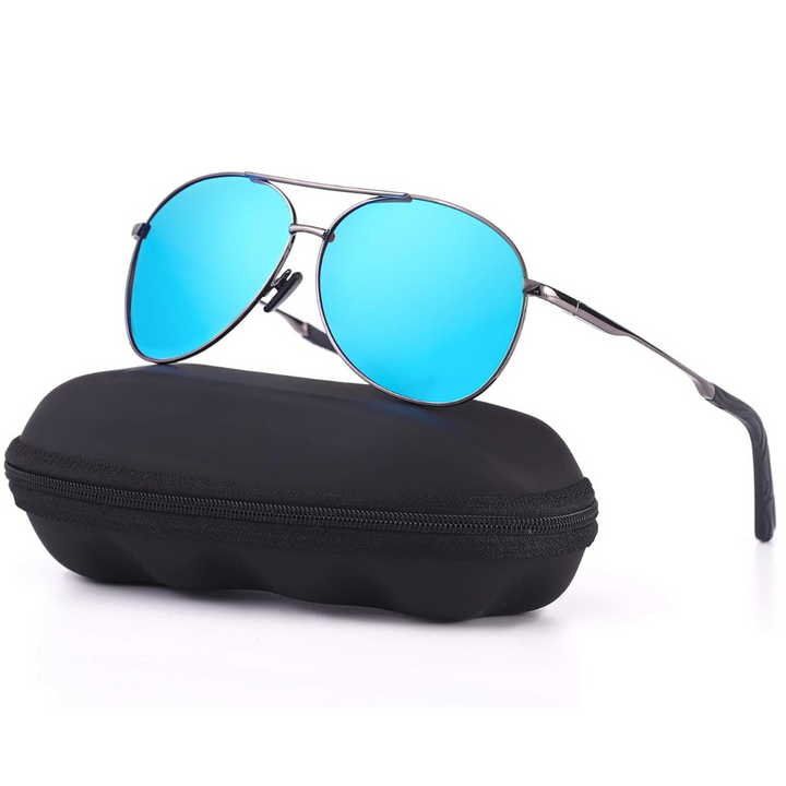 Blaue Aviator-Sonnenbrille mit schwarzem Etui, modisches Accessoire, UV-Schutz.