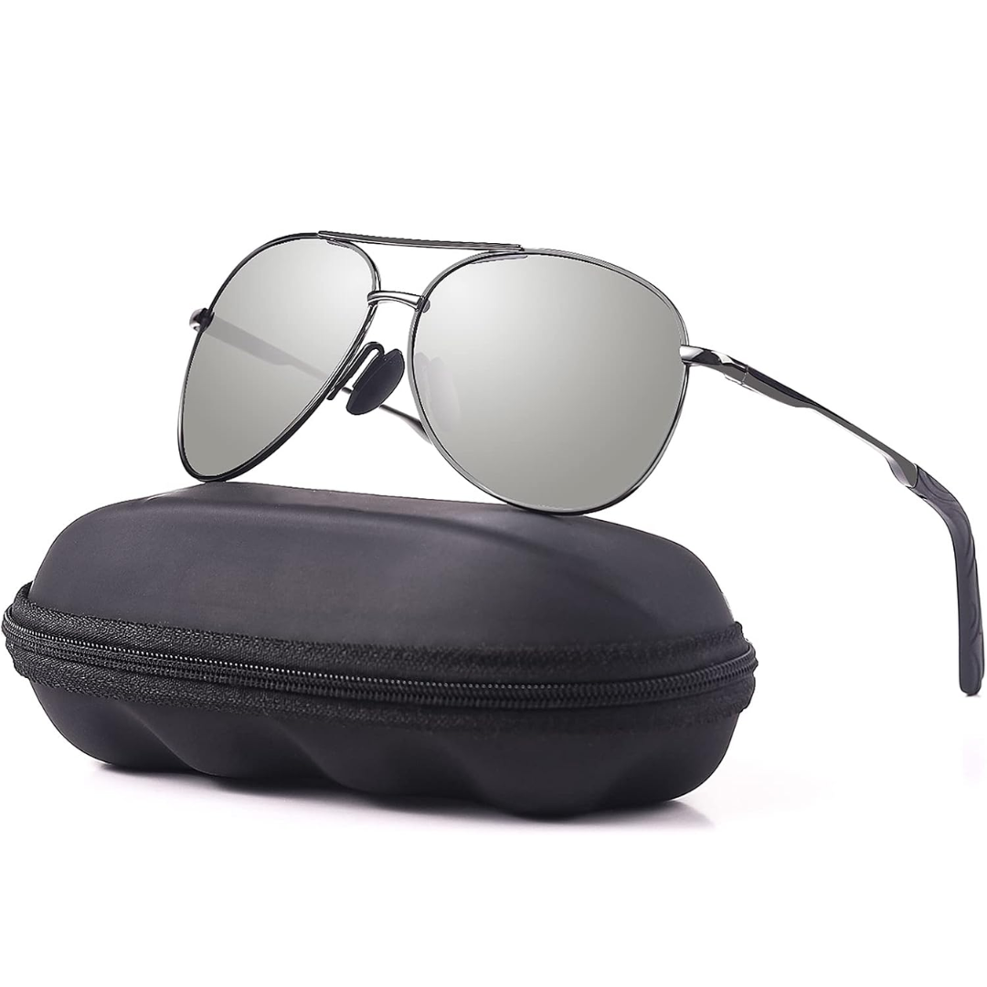 Verspiegelte Aviator-Sonnenbrille mit schwarzem Etui, Unisex, UV-Schutz, modisch.