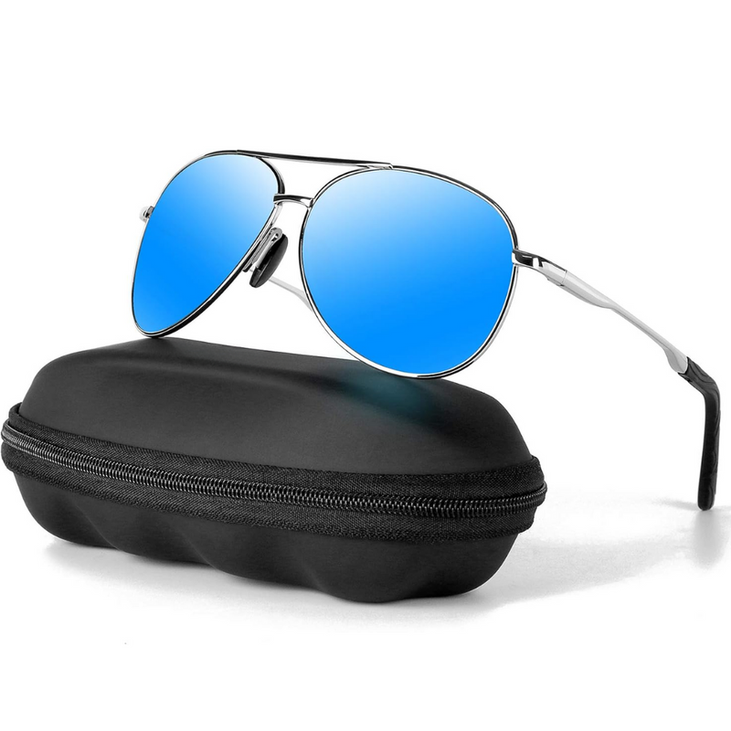 Blaue Aviator-Sonnenbrille mit verspiegelten Gläsern auf schwarzem Etui, modisch und stilvoll.