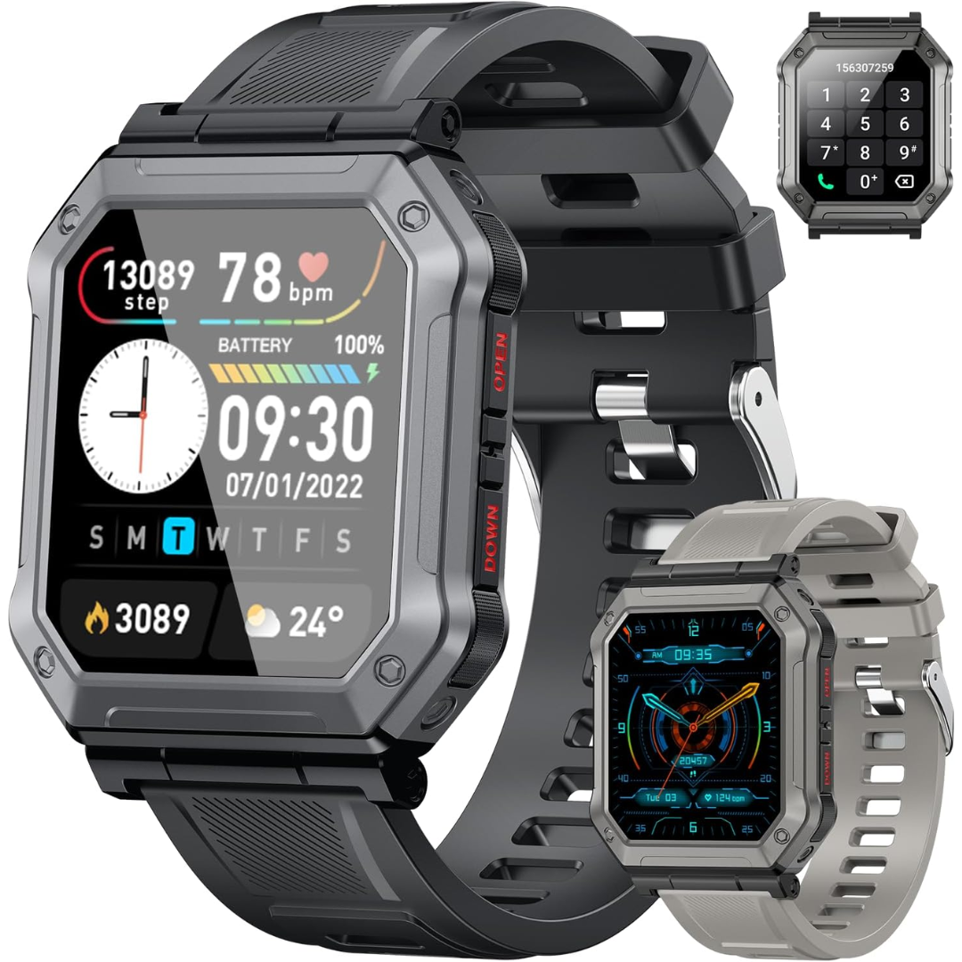 Robuste Smartwatch, schwarz und grau, Fitness-Tracker, Herzfrequenz, wasserdicht, Touchscreen.