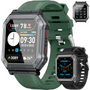 Grüne Smartwatch mit Fitness-Tracker, Herzfrequenzmesser, wasserdicht, robustes Design.