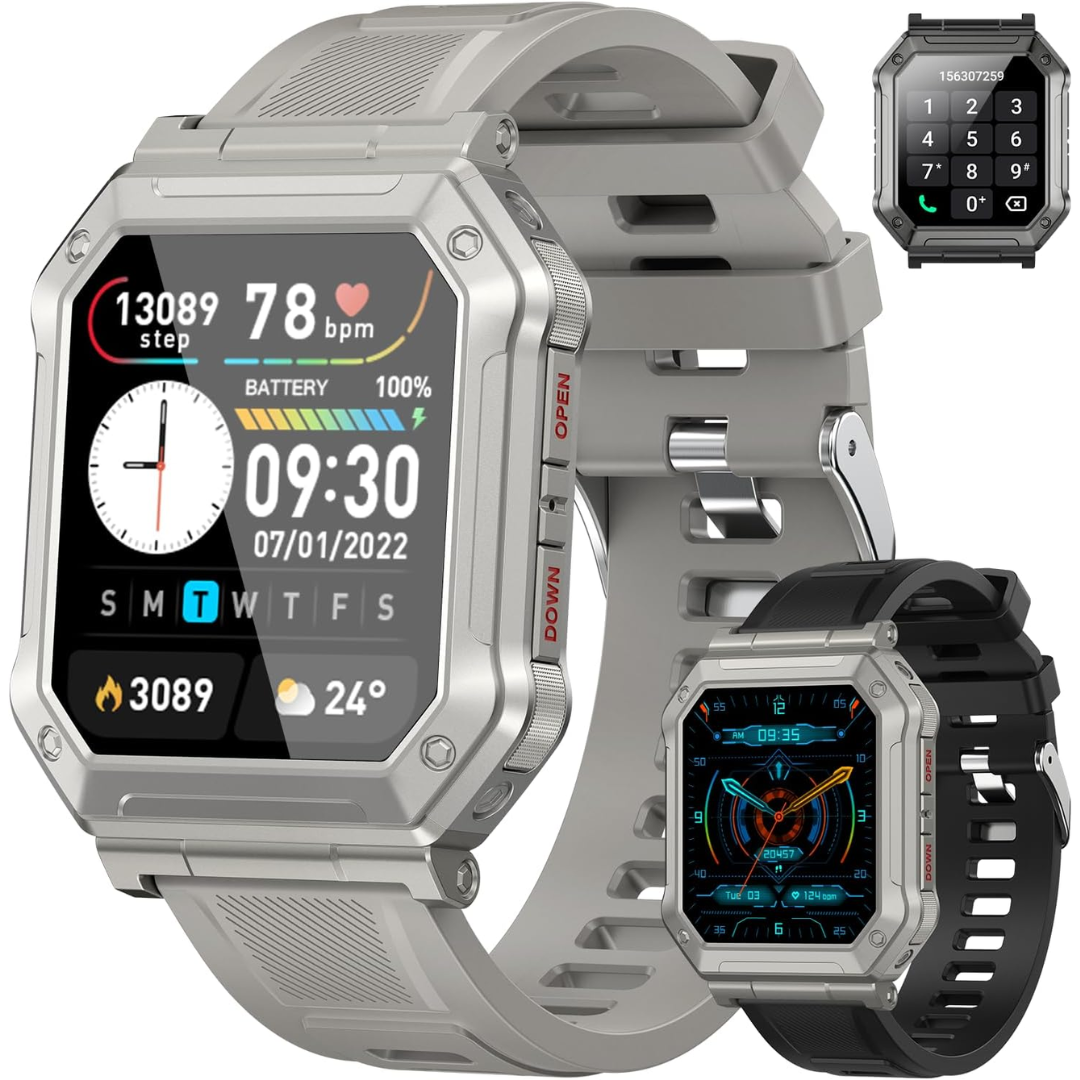 Silberne Smartwatch mit Fitness-Tracker, Herzfrequenzmesser und Wetteranzeige.