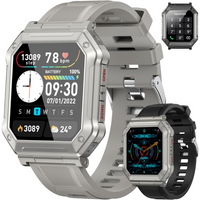 Silberne Smartwatch mit Fitness-Tracker, Herzfrequenzmesser und Wetteranzeige.