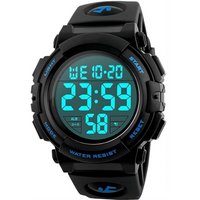 Schwarze digitale Sportuhr mit blauem Display, wasserdicht, Kunststoffarmband.
