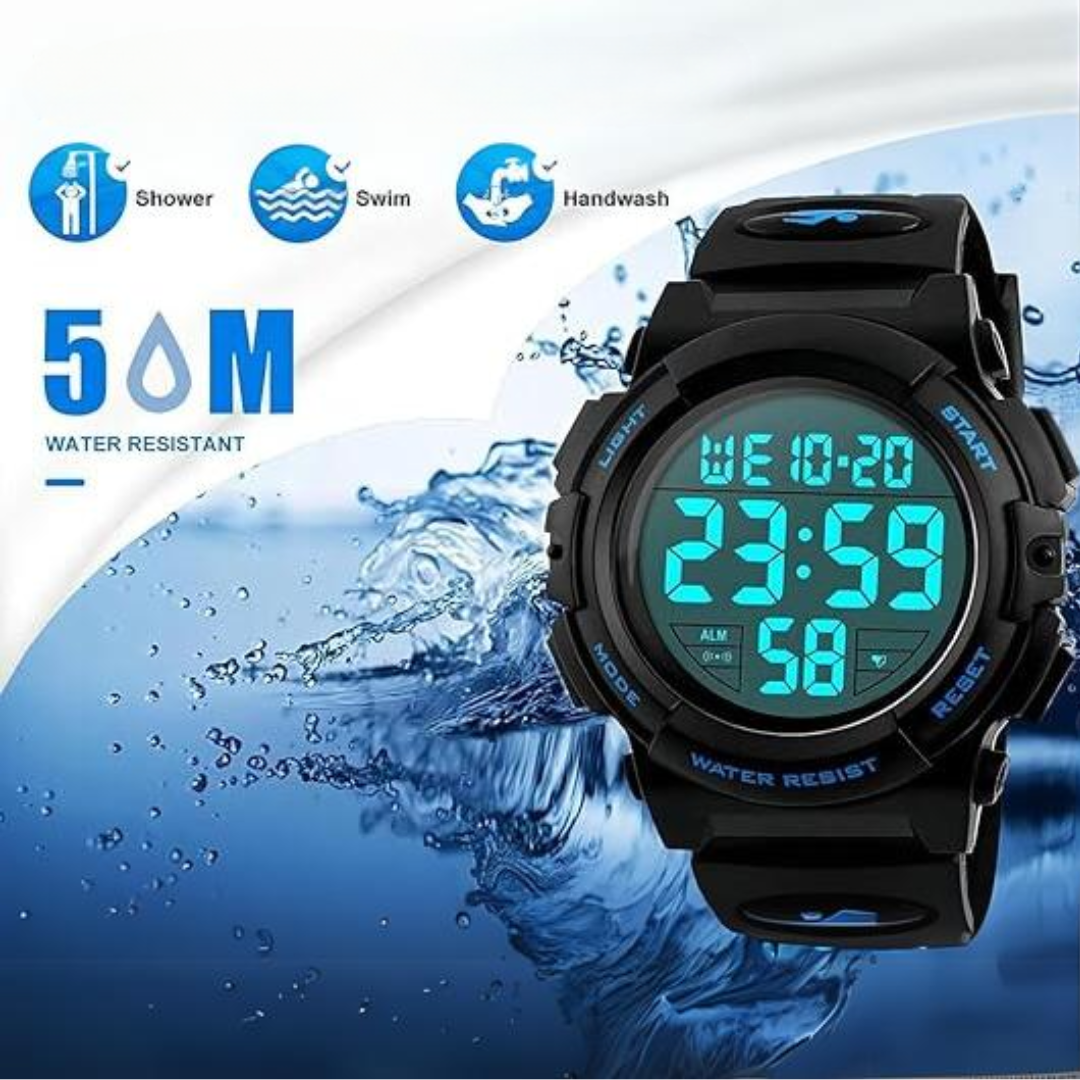 Schwarze wasserdichte Digitaluhr, 5 ATM, LED-Display, für Schwimmen und Duschen geeignet.