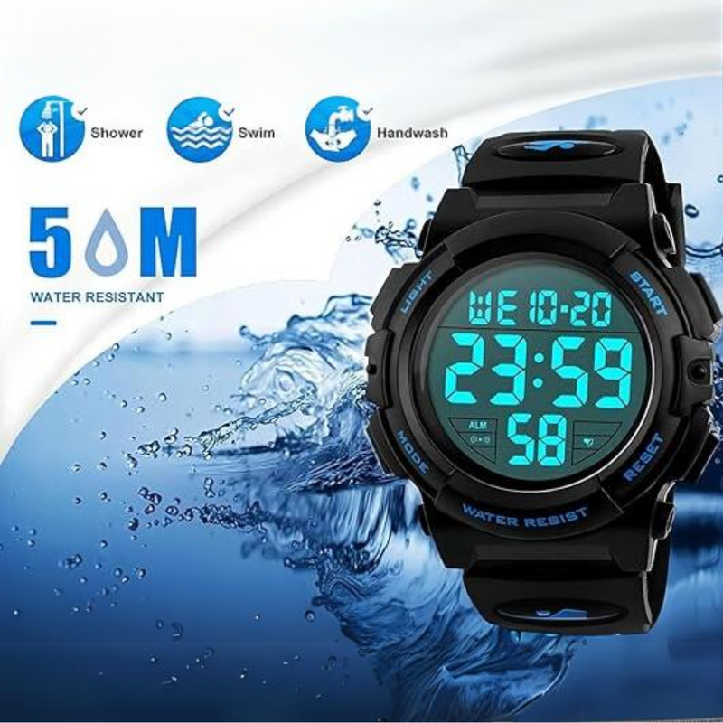 Schwarze wasserdichte Digitaluhr, 5 ATM, LED-Display, für Schwimmen und Duschen geeignet.