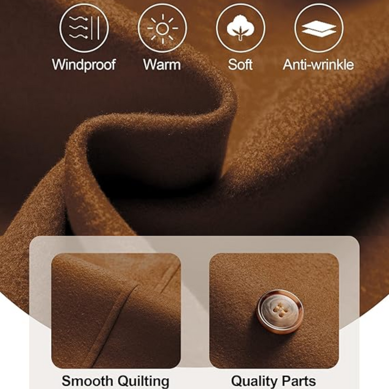 Brauner Wollstoff, winddicht, warm, weich, knitterfrei, glatte Steppung, hochwertige Knöpfe.