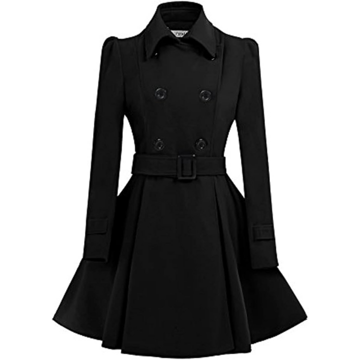 Schwarzer Damen-Trenchcoat, doppelt geknöpft, tailliert, elegant, Herbstmode.