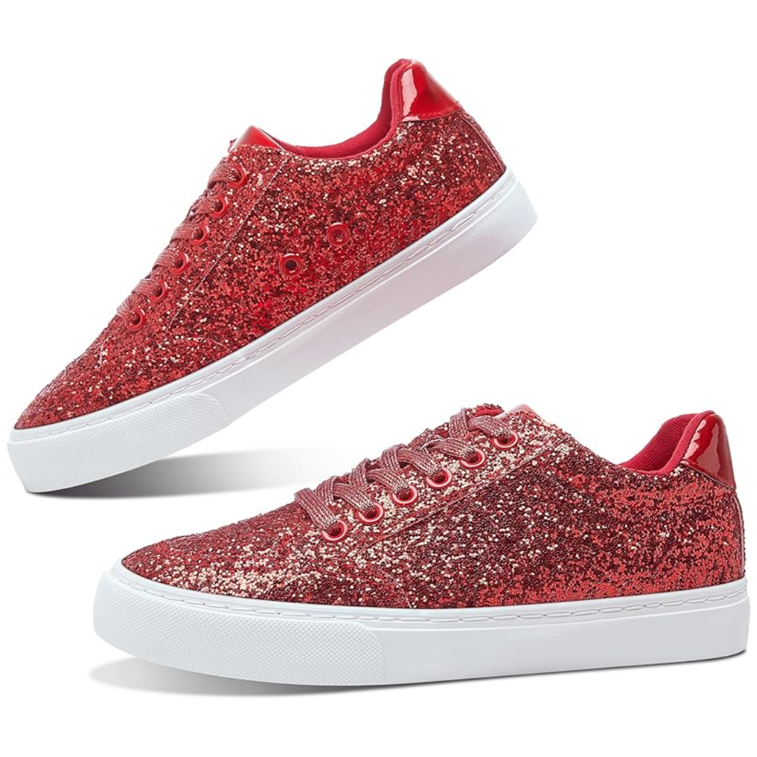 Rote Glitzersneaker, Damen, modisch, glänzend, Freizeitschuh, weißer Gummisohle.