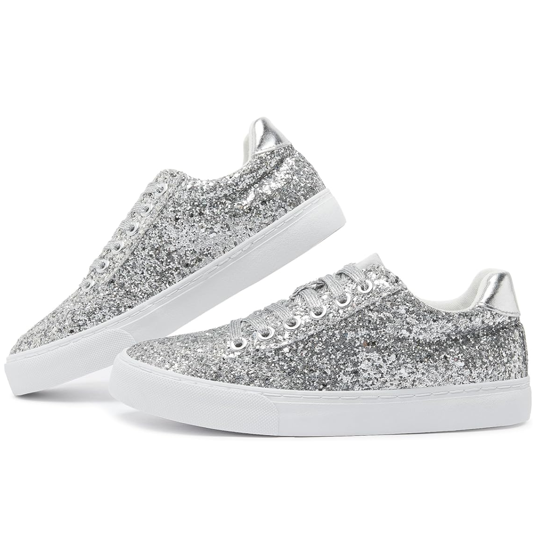 Silberne Glitzersneaker für Damen, modische Freizeitschuhe, glänzend, bequem, trendig.