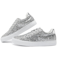 Silberne Glitzersneaker für Damen, modische Freizeitschuhe, glänzend, bequem, trendig.