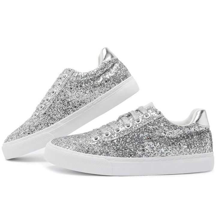 Silberne Glitzersneaker für Damen, modische Freizeitschuhe, glänzend, bequem, trendig.