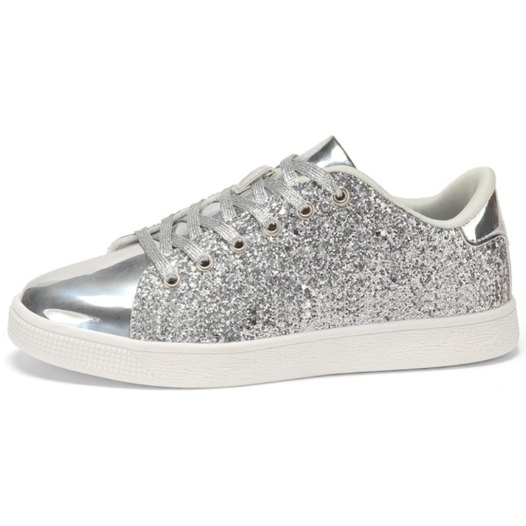 Silberne Glitzersneaker, Damen, modisch, glänzend, Freizeitschuh, Schnürsenkel, weißer Gummisohle.