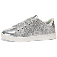 Silberne Glitzersneaker, Damen, modisch, glänzend, Freizeitschuh, Schnürsenkel, weißer Gummisohle.