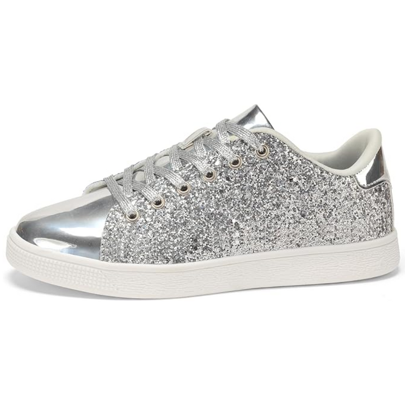 Silberne Glitzersneaker, Damen, modisch, glänzend, Freizeitschuh, Schnürsenkel, weißer Gummisohle.