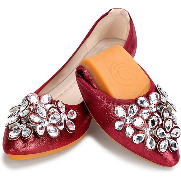 Rote Damen-Ballerinas mit Strasssteinen, elegantes Design, bequeme Einlegesohle.