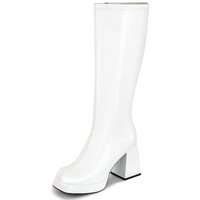 Weiße Damenstiefel, kniehoch, Blockabsatz, modisch, Kunstleder, elegant, Herbstmode.