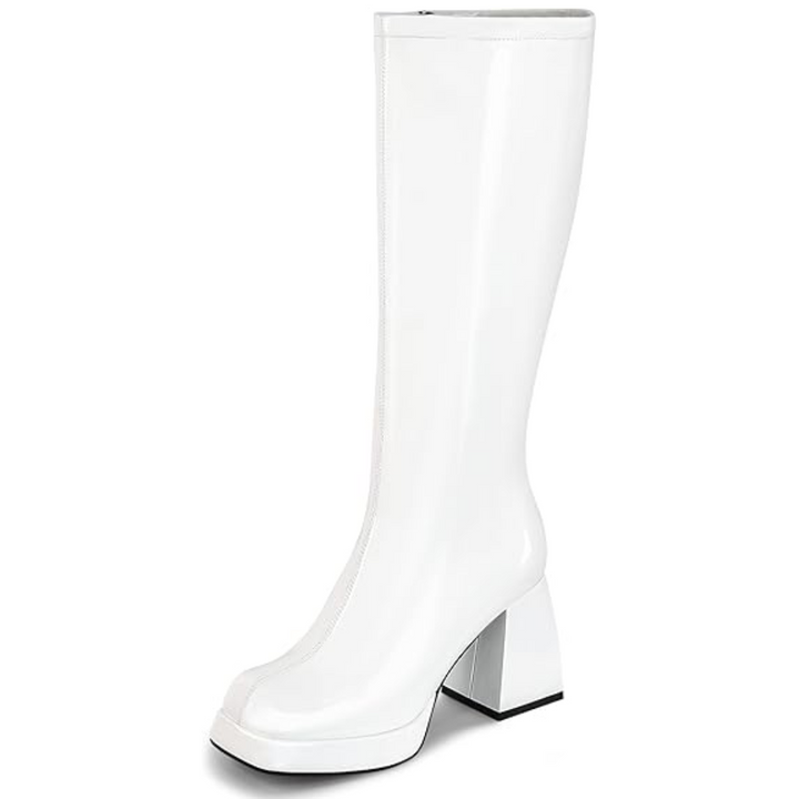 Weiße Damenstiefel, kniehoch, Blockabsatz, modisch, Kunstleder, elegant, Herbstmode.