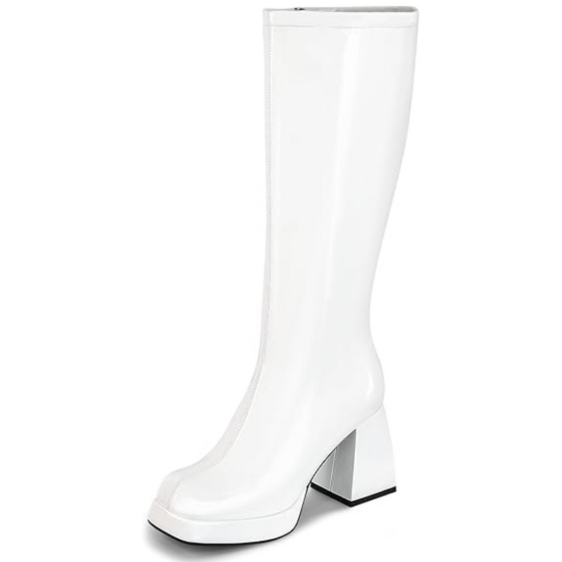 Weiße Damenstiefel, kniehoch, Blockabsatz, modisch, Kunstleder, elegant, Herbstmode.