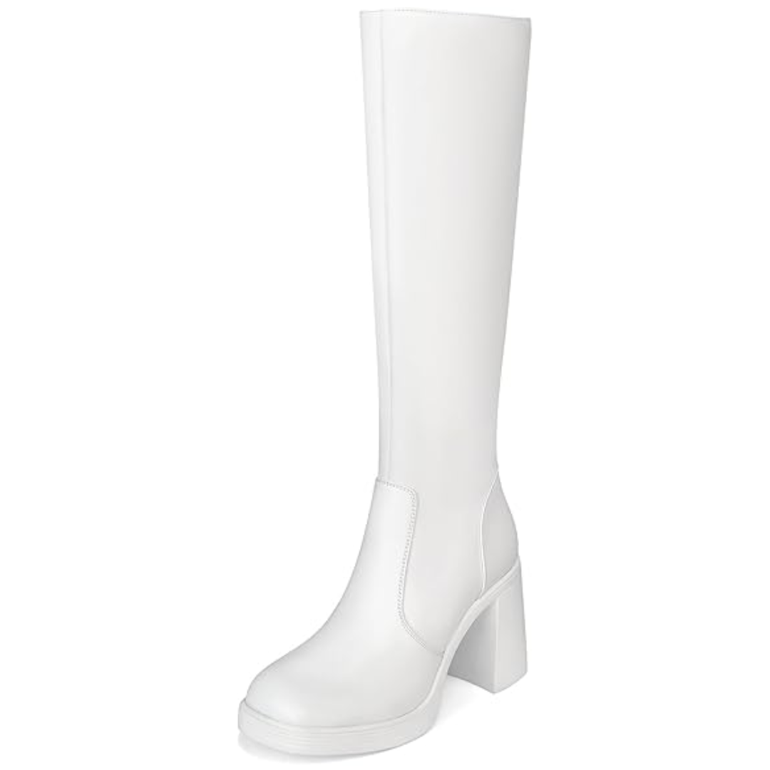 Weiße Damenstiefel, kniehoch, Lederoptik, Blockabsatz, modisch, elegant.