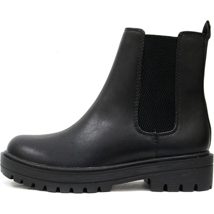 Schwarzer Chelsea Boot aus Leder mit Profilsohle, seitlichem Gummieinsatz, Damenstiefel.