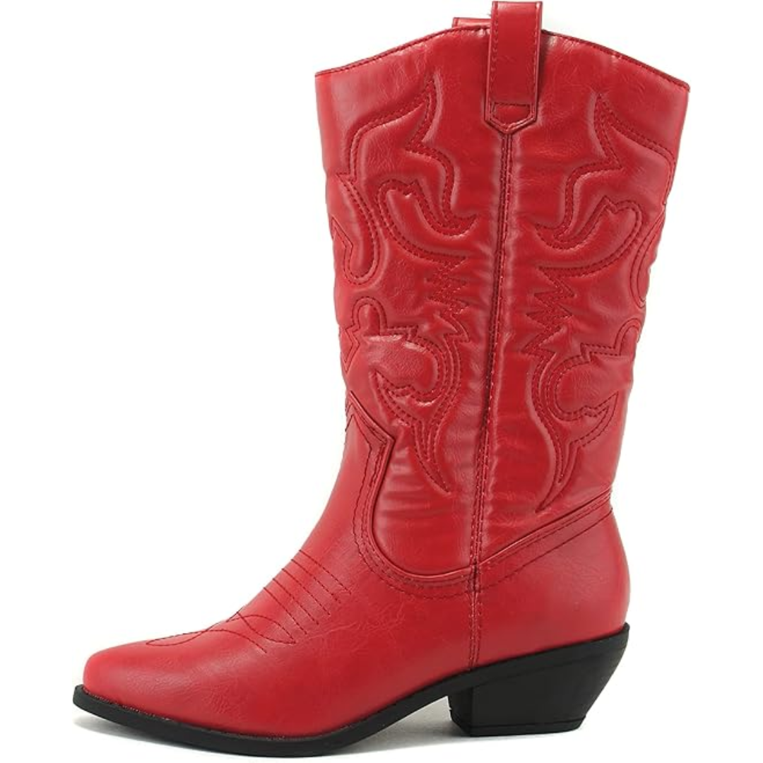 Rote Cowboystiefel aus Leder mit Stickerei, mittlerer Absatz, Westernstil, Damenmode.